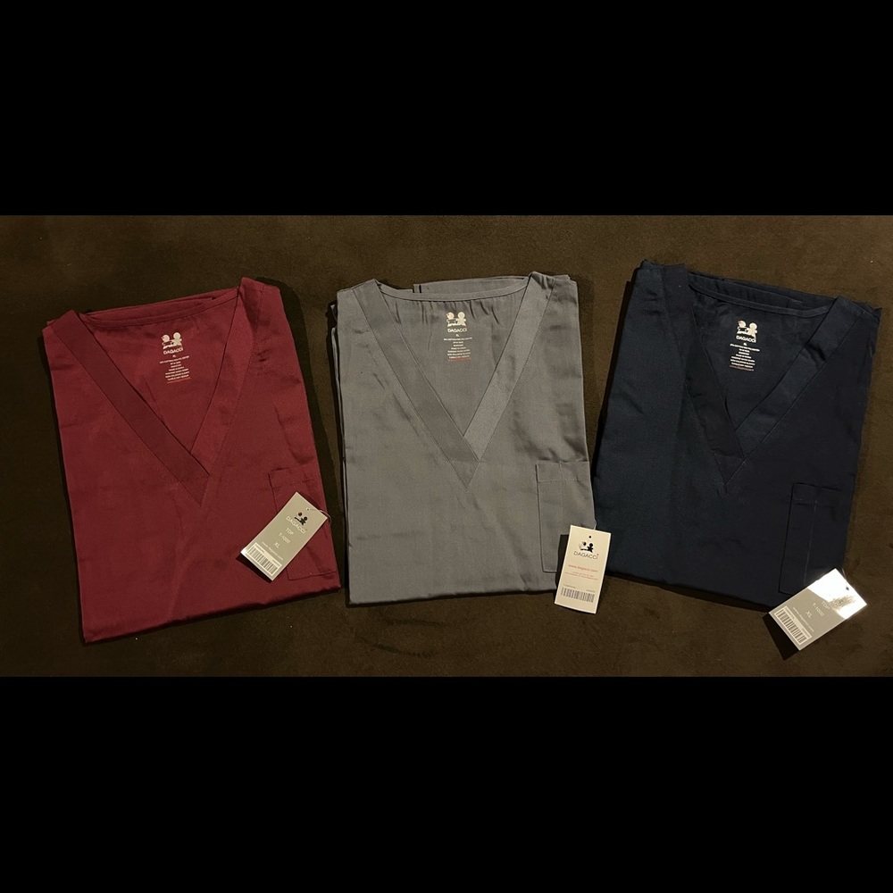 Set of 3 scrub tops…. Blue, burgundy and gray
